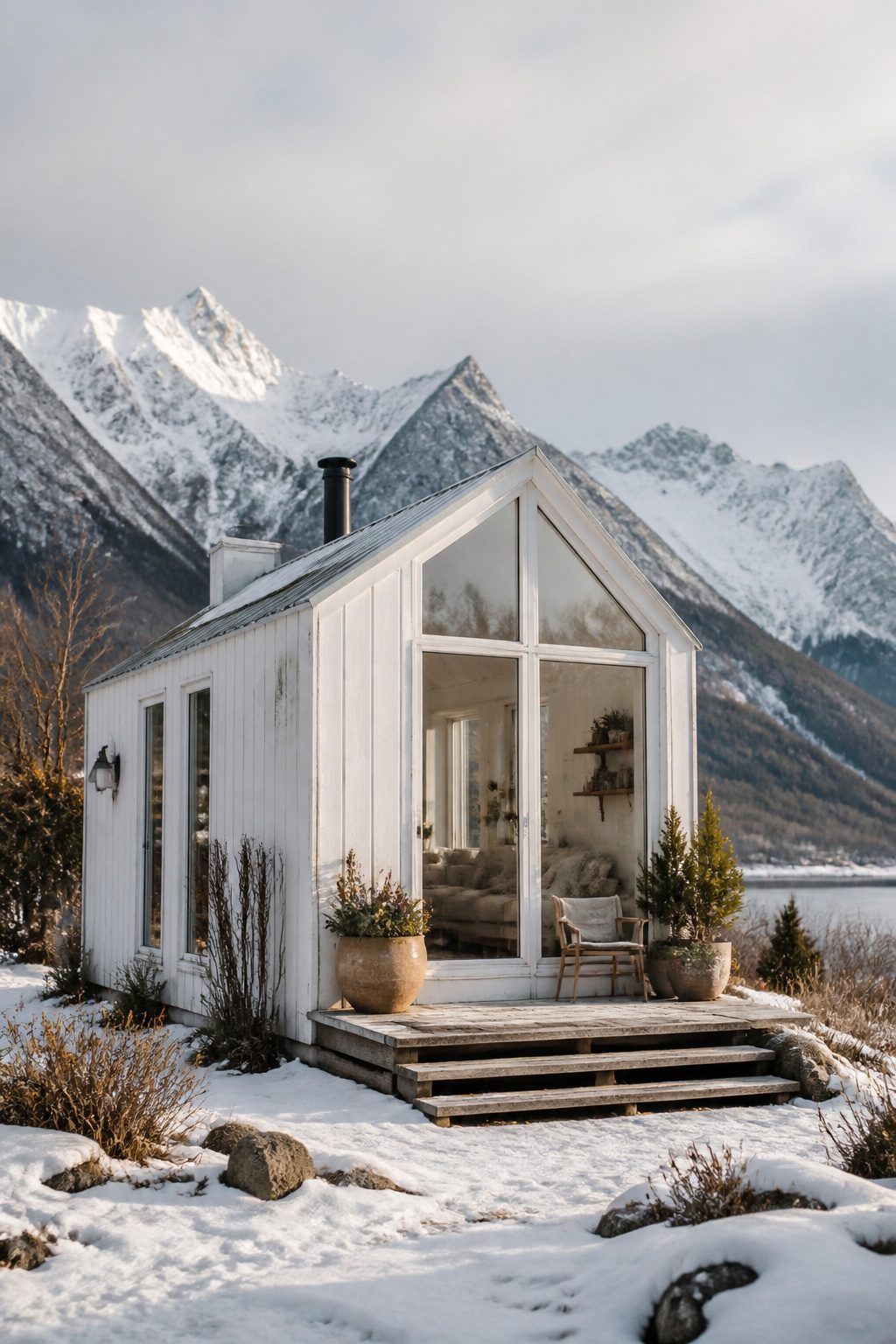 Compact tiny house with white paint blending into the snowy surroundings.