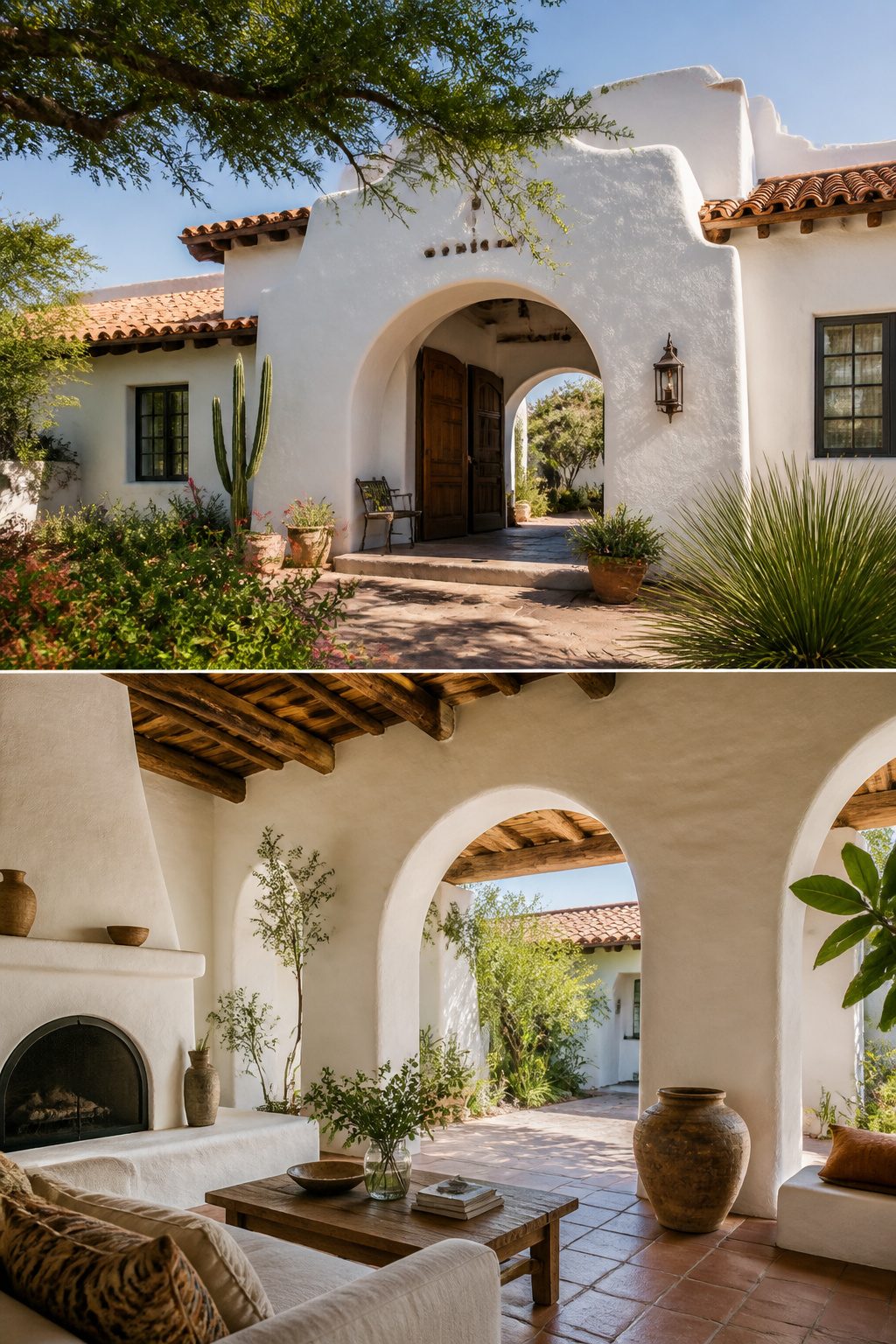 Hacienda featuring white plaster walls and clay tile roofing.