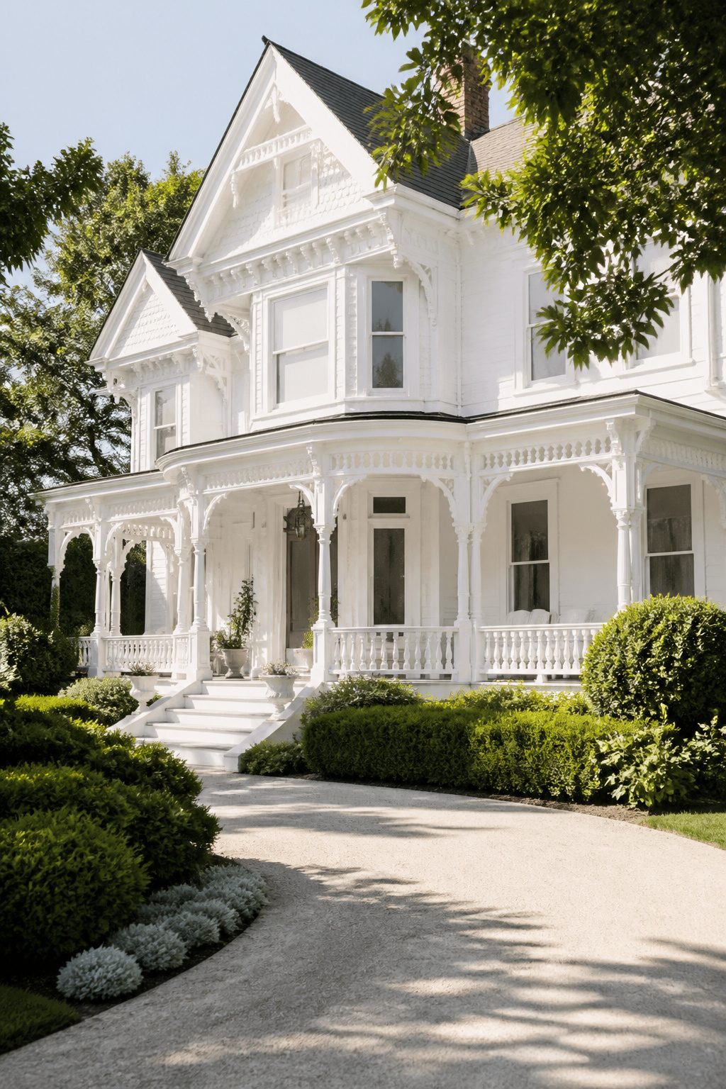 Victorian mansion with ornate architectural features in white.