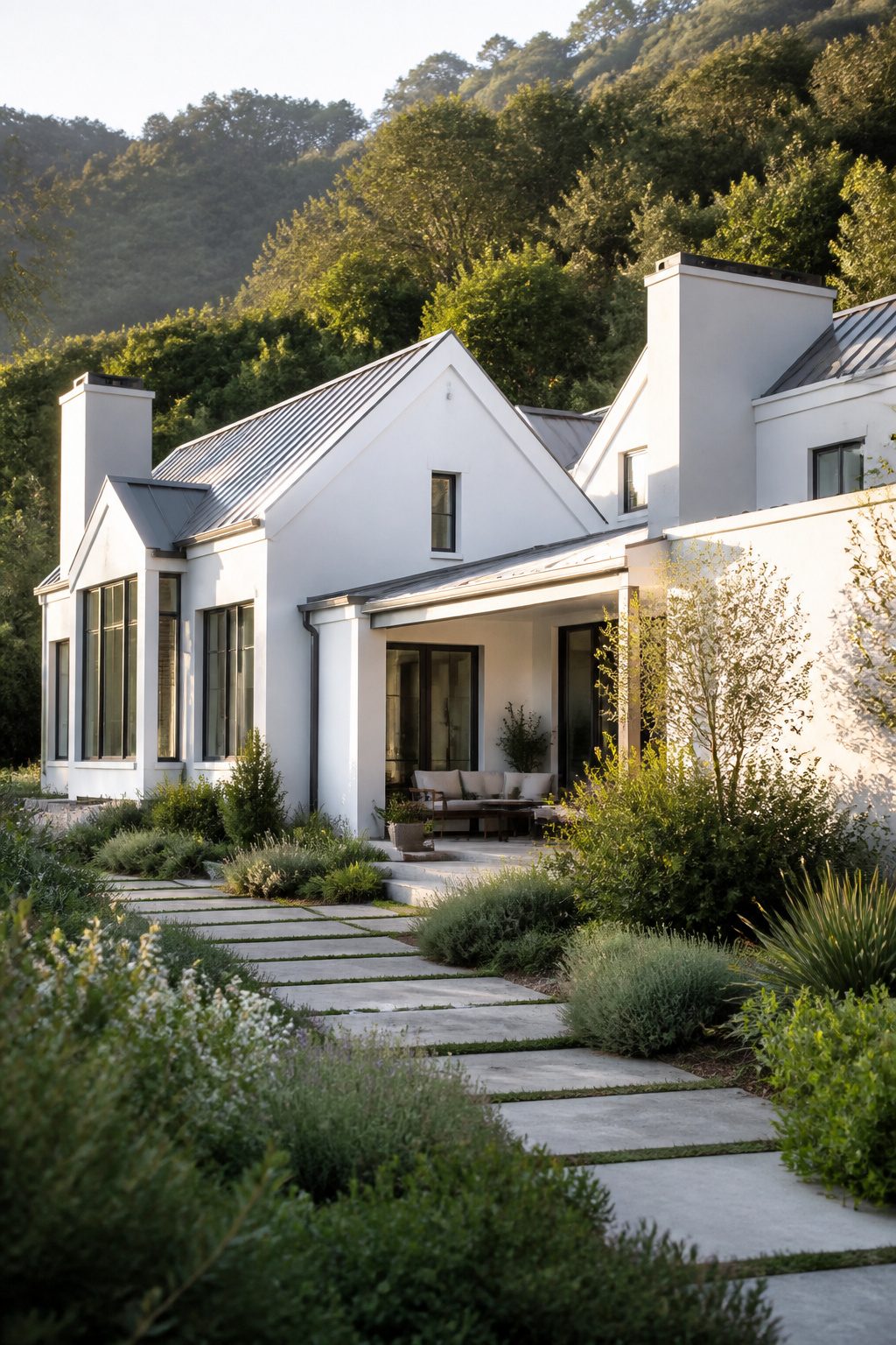 Group of white houses set in a green, natural landscape.