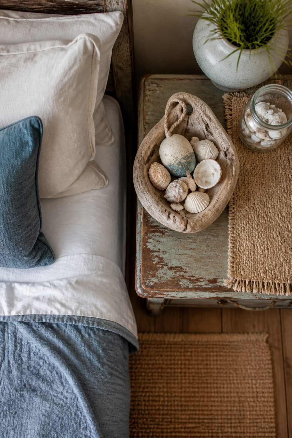 Dresser decorated with driftwood bowl and ceramic buoy.