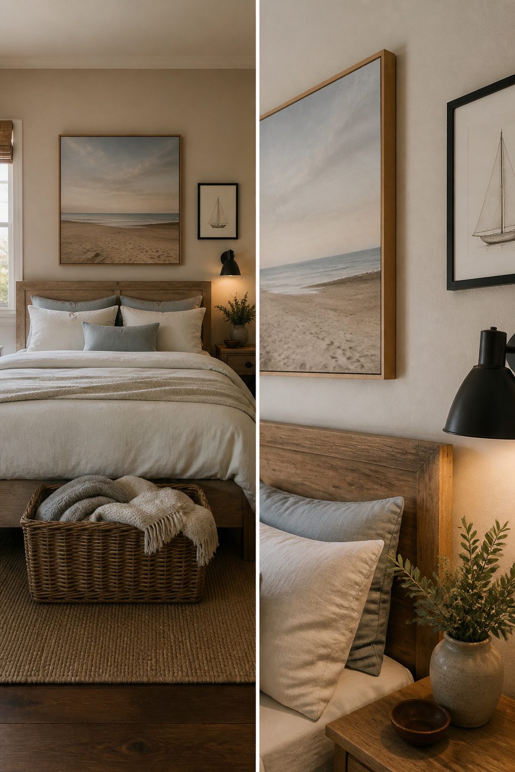 Wall art displaying a photograph of an empty beach.