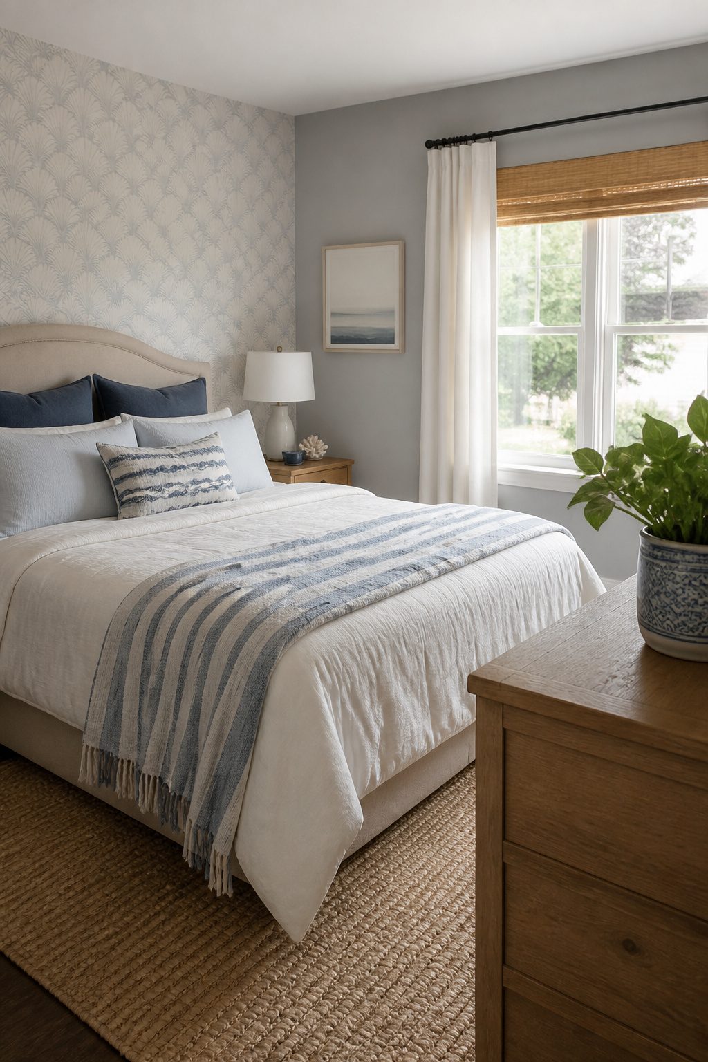 Bedroom with blue and white striped throw blanket.