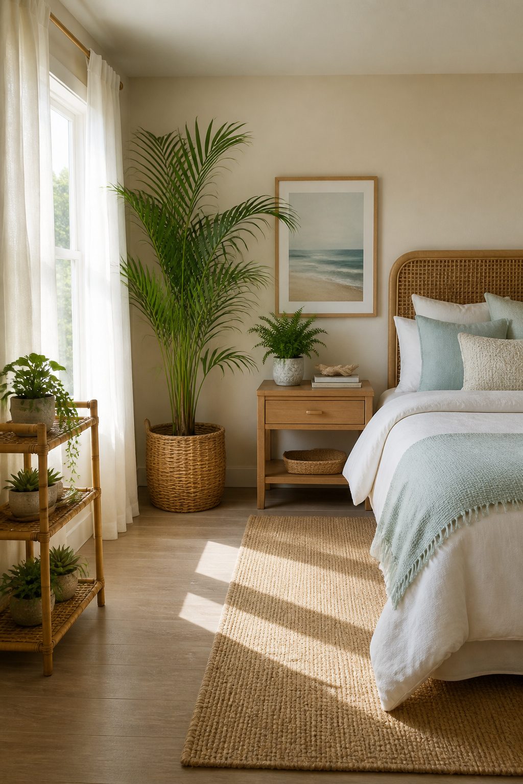 Boston fern on a nightstand in a coastal bedroom.