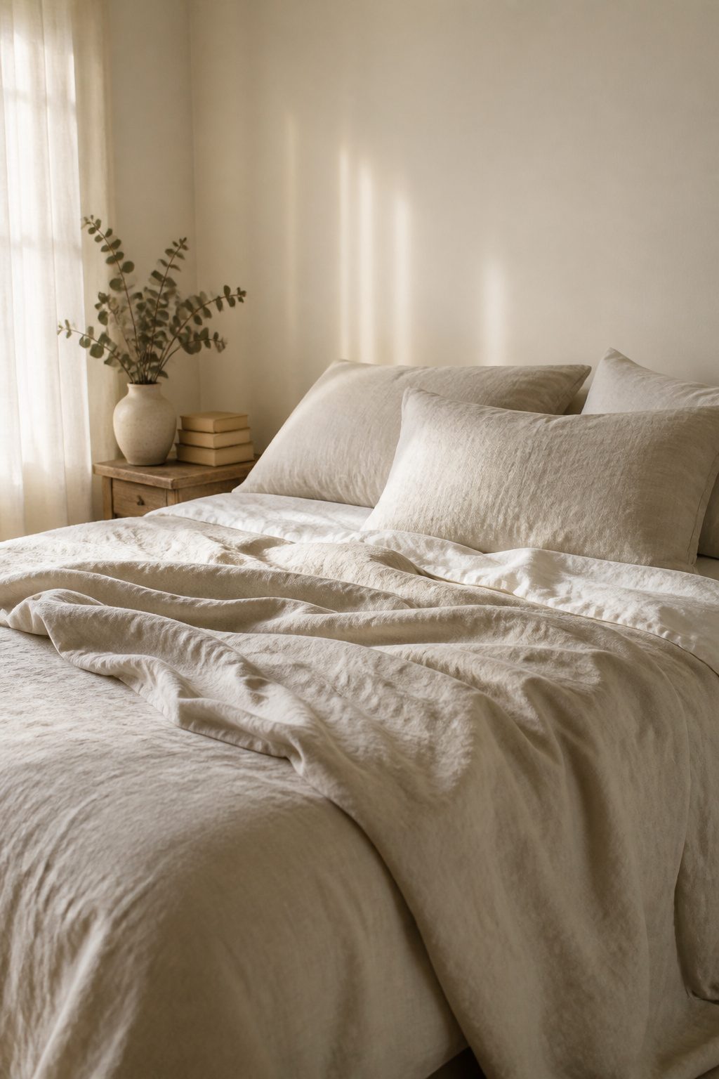 Bed with linen duvet cover and soft cotton sheets.