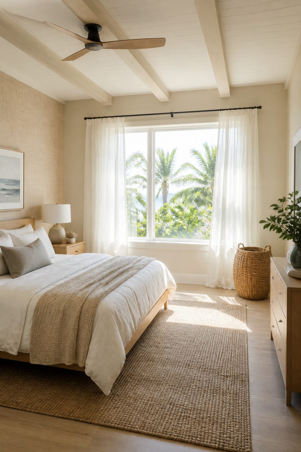 Bedroom with sheer curtains letting in soft daylight.