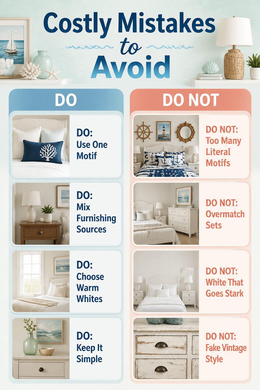 Image detailing common mistakes in coastal bedroom decor.