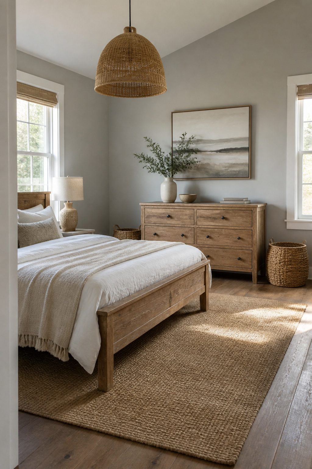 Bedroom with jute rug and woven rattan pendant light.