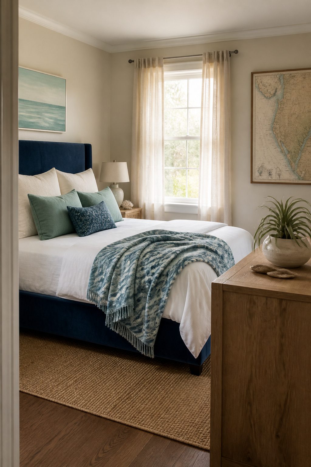 Bedroom featuring navy velvet headboard and seafoam pillows.