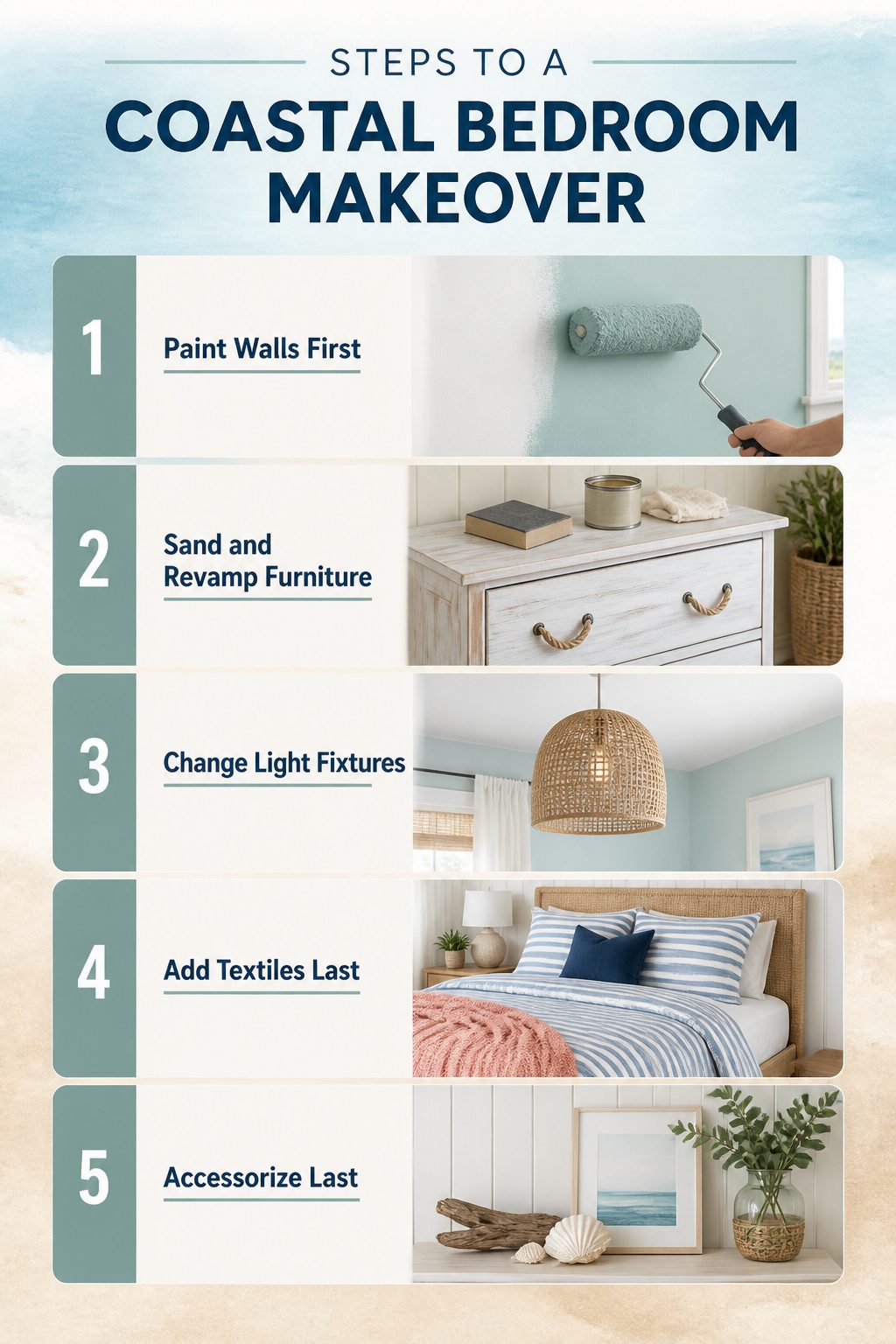Steps outlined for a coastal bedroom makeover.