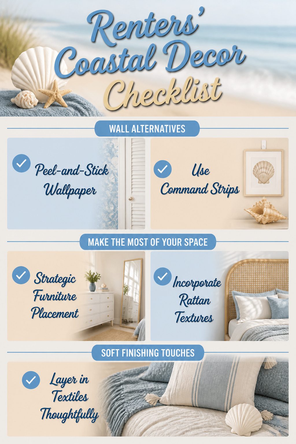 Checklist for coastal decor suitable for renters.