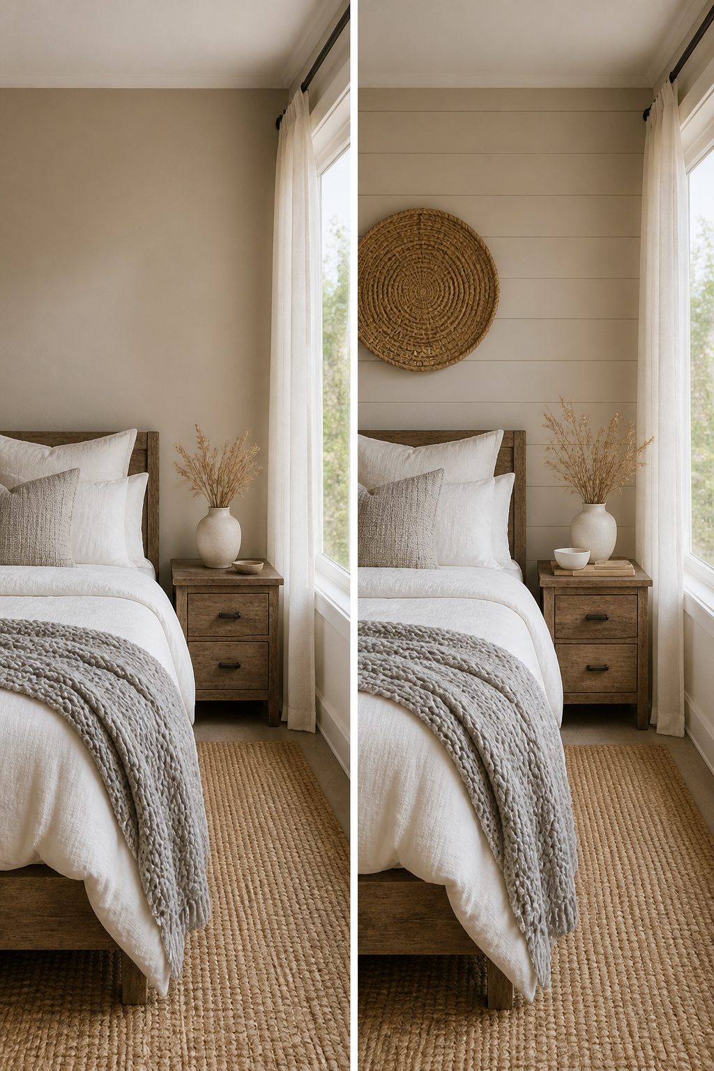 Bedroom with sandy beige walls and warm white bedding.