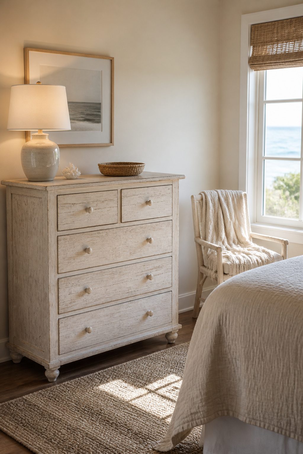 Pine dresser with a weathered white finish in a bedroom.