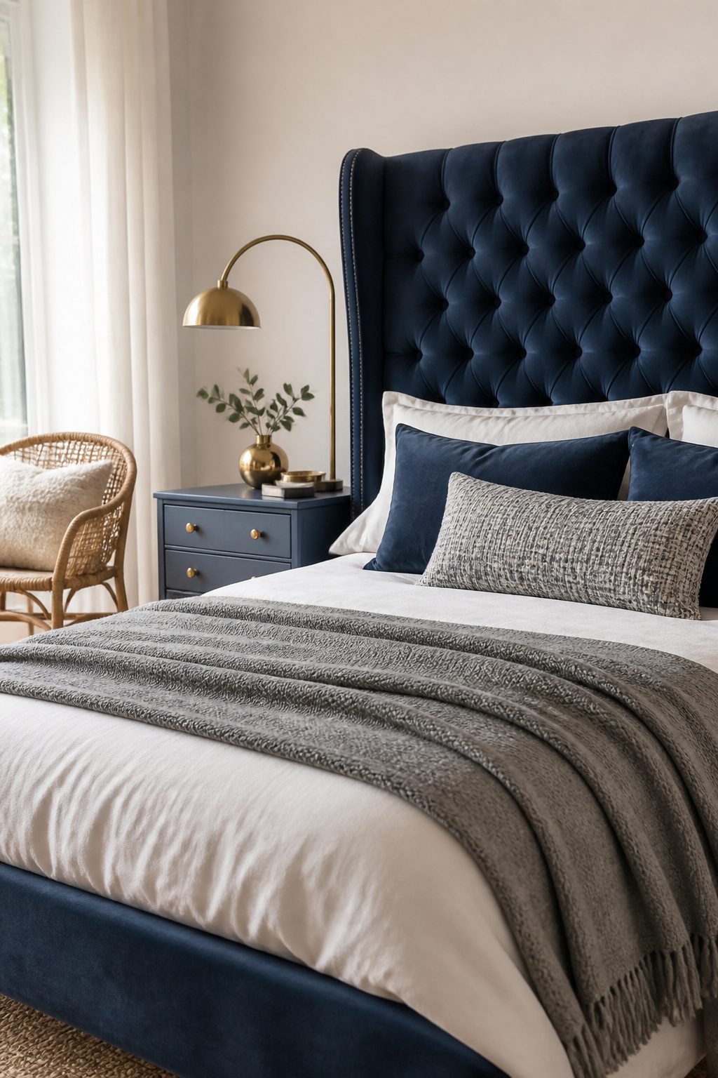 A serene bedroom with a blue dresser against white walls.
