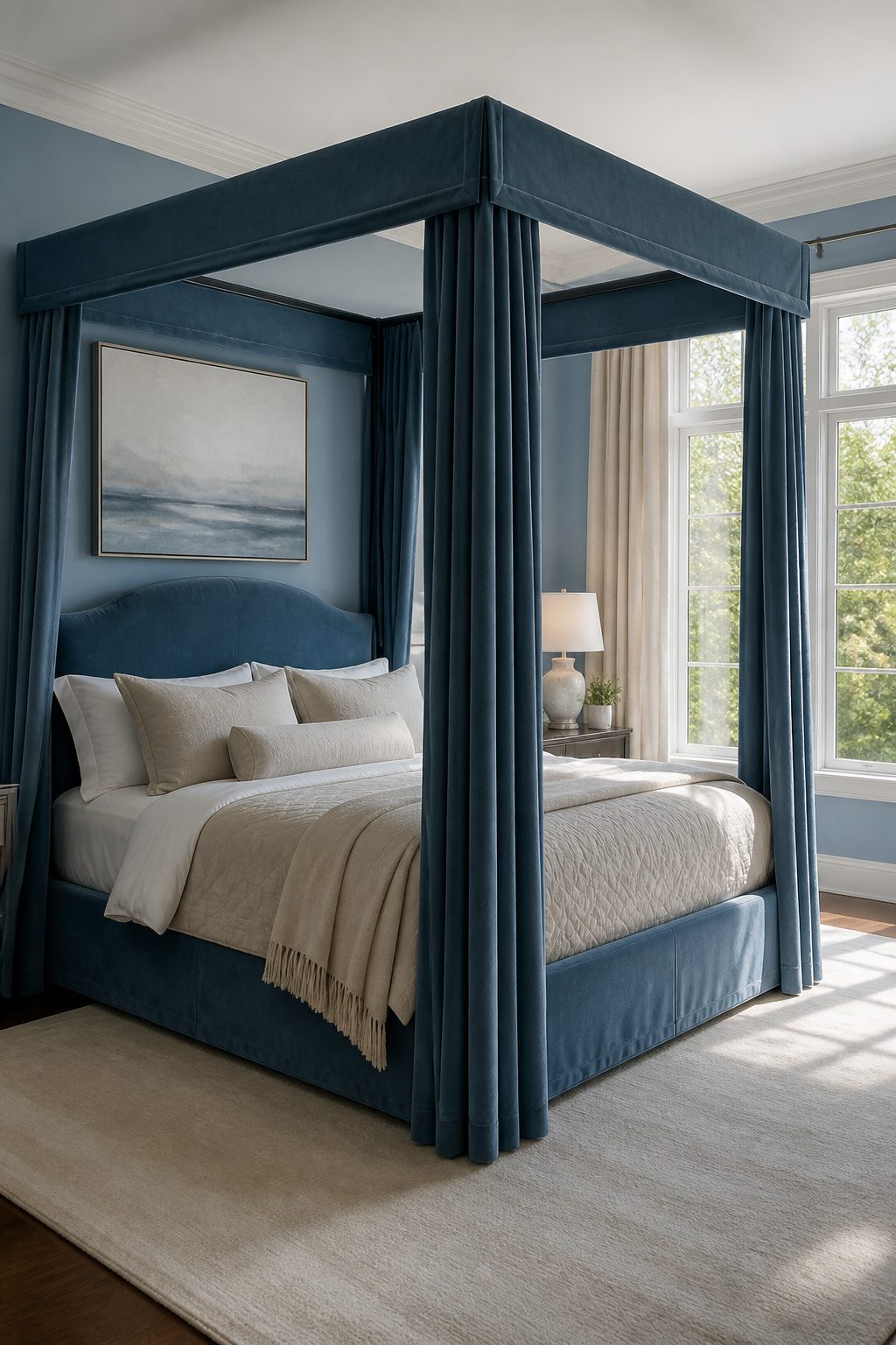 A serene bedroom featuring a large blue lamp.