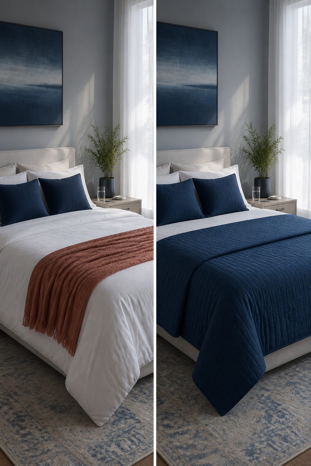 A serene bedroom featuring blue and white decor.
