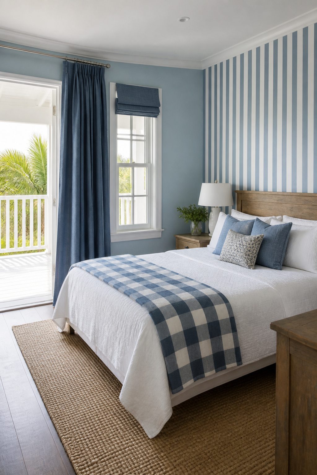 A serene bedroom with sky blue walls and white bedding.