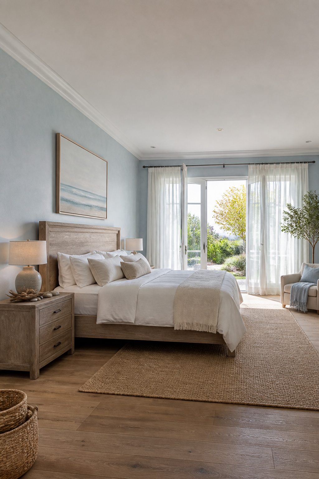 A serene bedroom with coastal decor and faded blue tones.