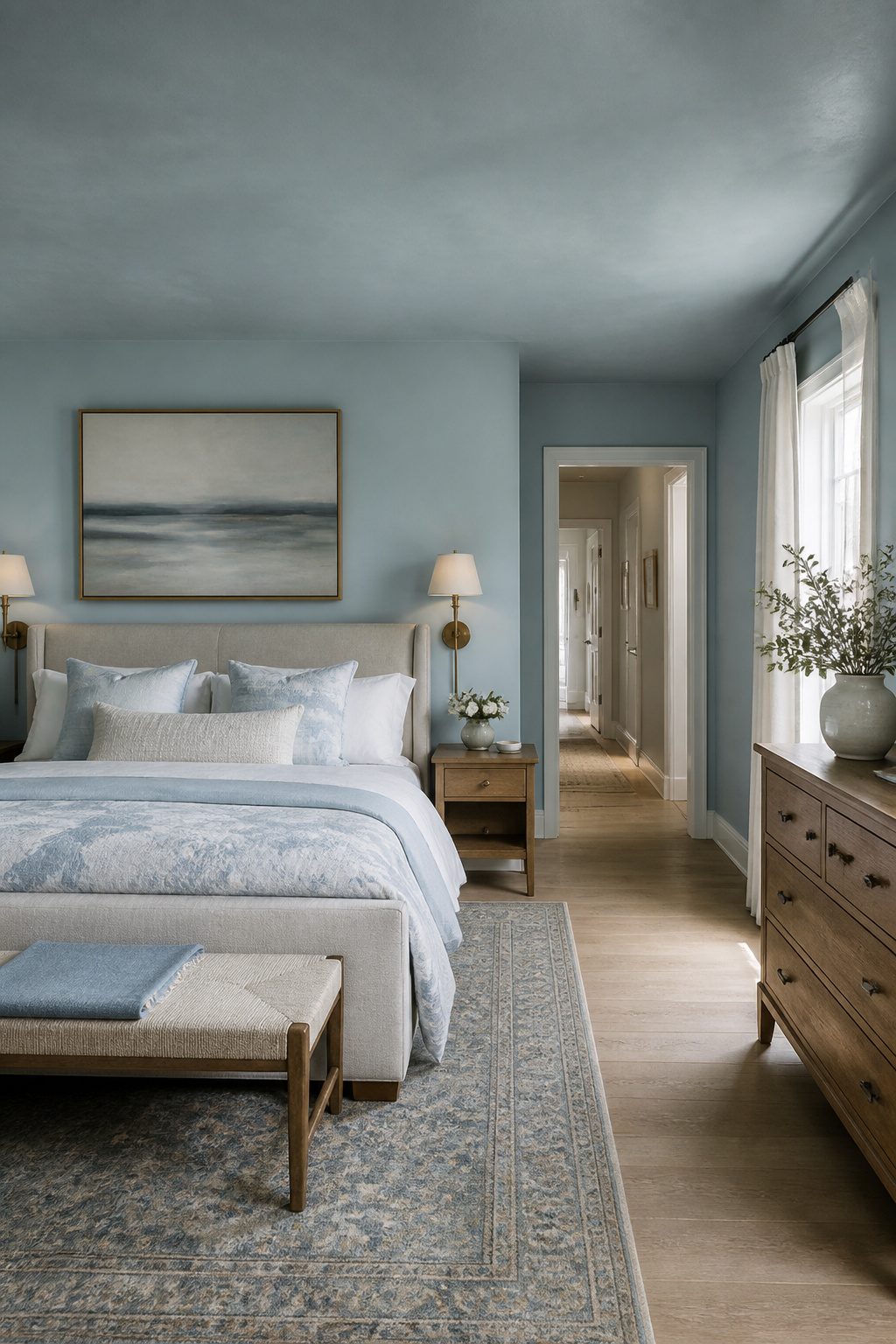 A serene bedroom with walls and ceiling painted in Sleepy Blue.