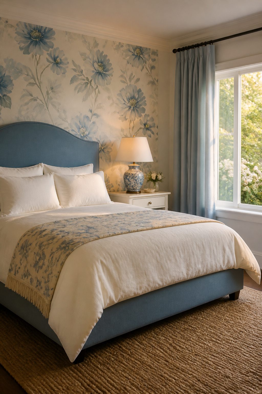 A serene bedroom with blue floral wallpaper and bedding.