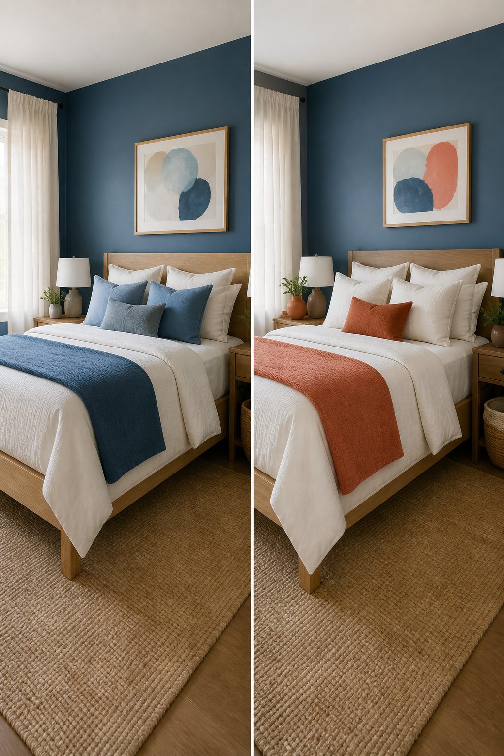 A serene bedroom with coral accents against blue walls.