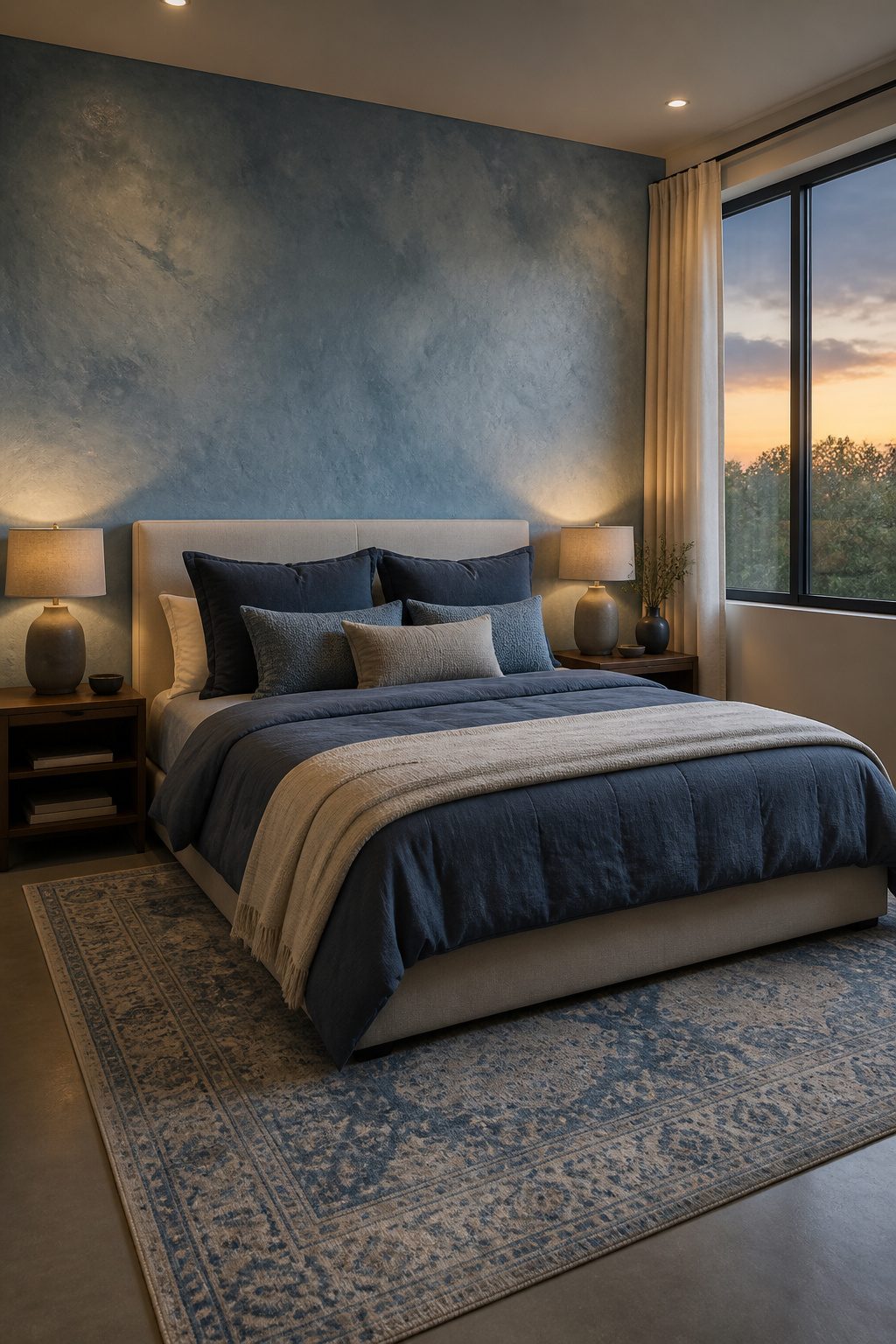 A serene bedroom featuring a textured concrete wall in pastel blue.