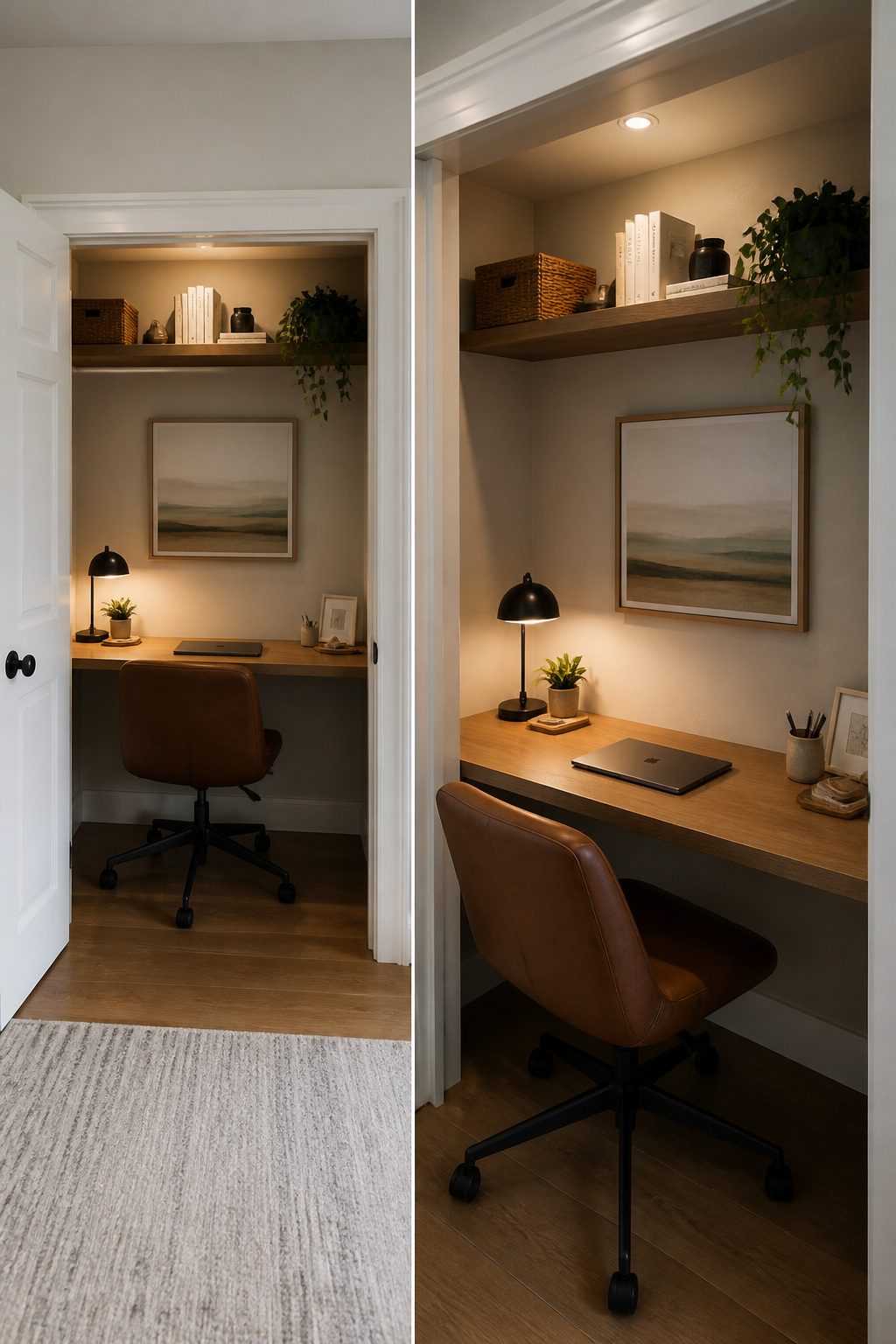 20 Small Home Office Inspiration Ideas That Fit Any Space 13 An office setup inside a closet with a shelf and laptop.