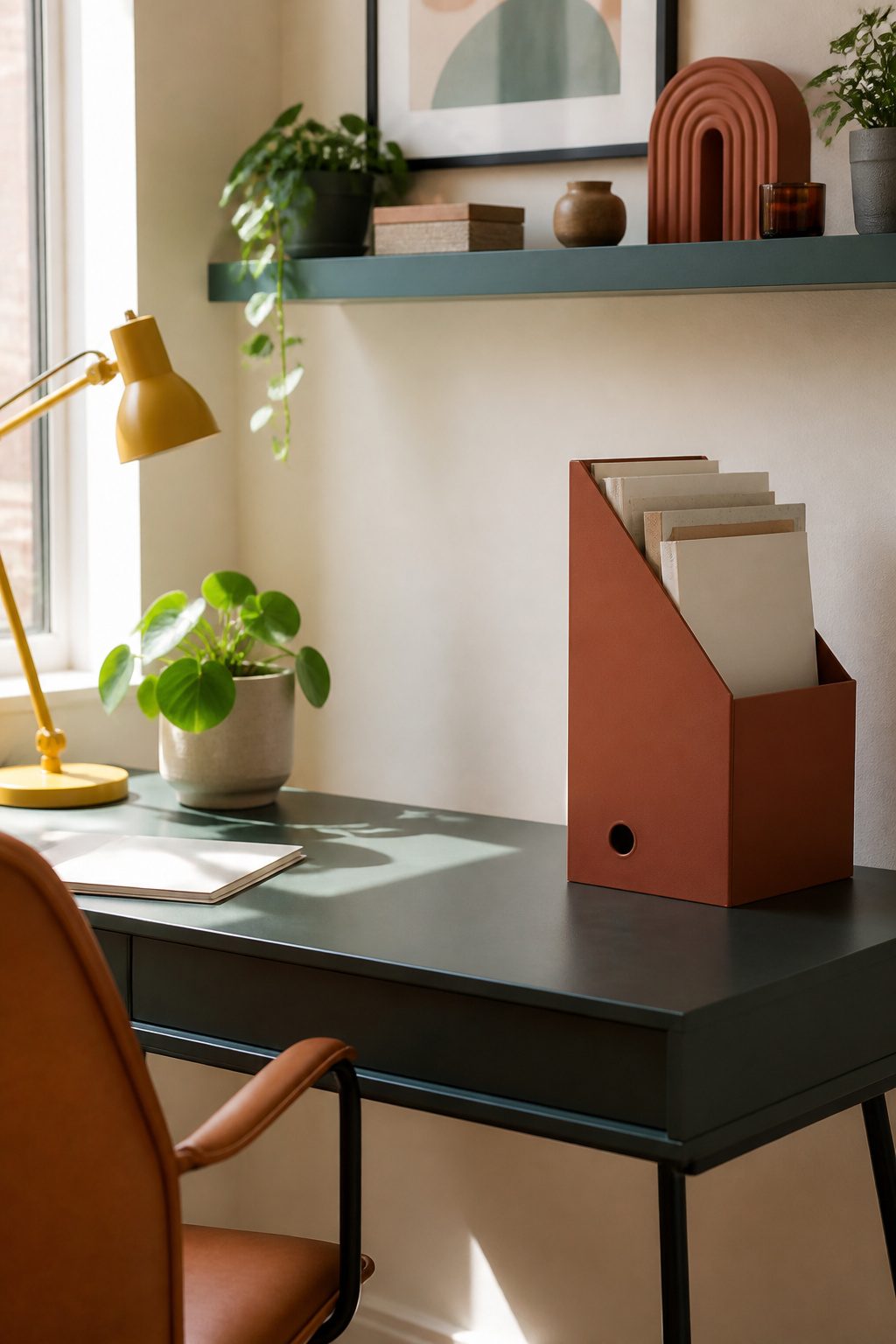 20 Small Home Office Inspiration Ideas That Fit Any Space 19 A small office with colorful decorative elements and a desk.