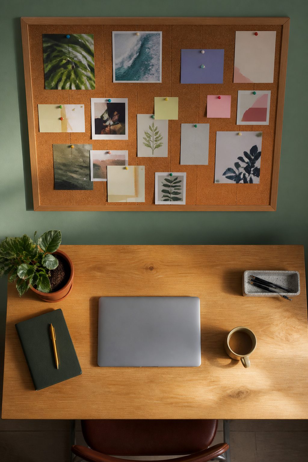 20 Small Home Office Inspiration Ideas That Fit Any Space 20 A section of corkboard mounted on a wall for pinning notes.