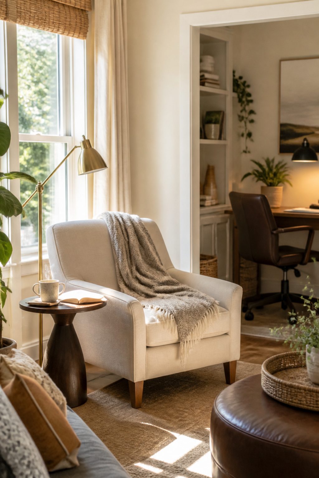 20 Small Home Office Inspiration Ideas That Fit Any Space 16 A comfortable armchair with a throw blanket in a sunlit corner.