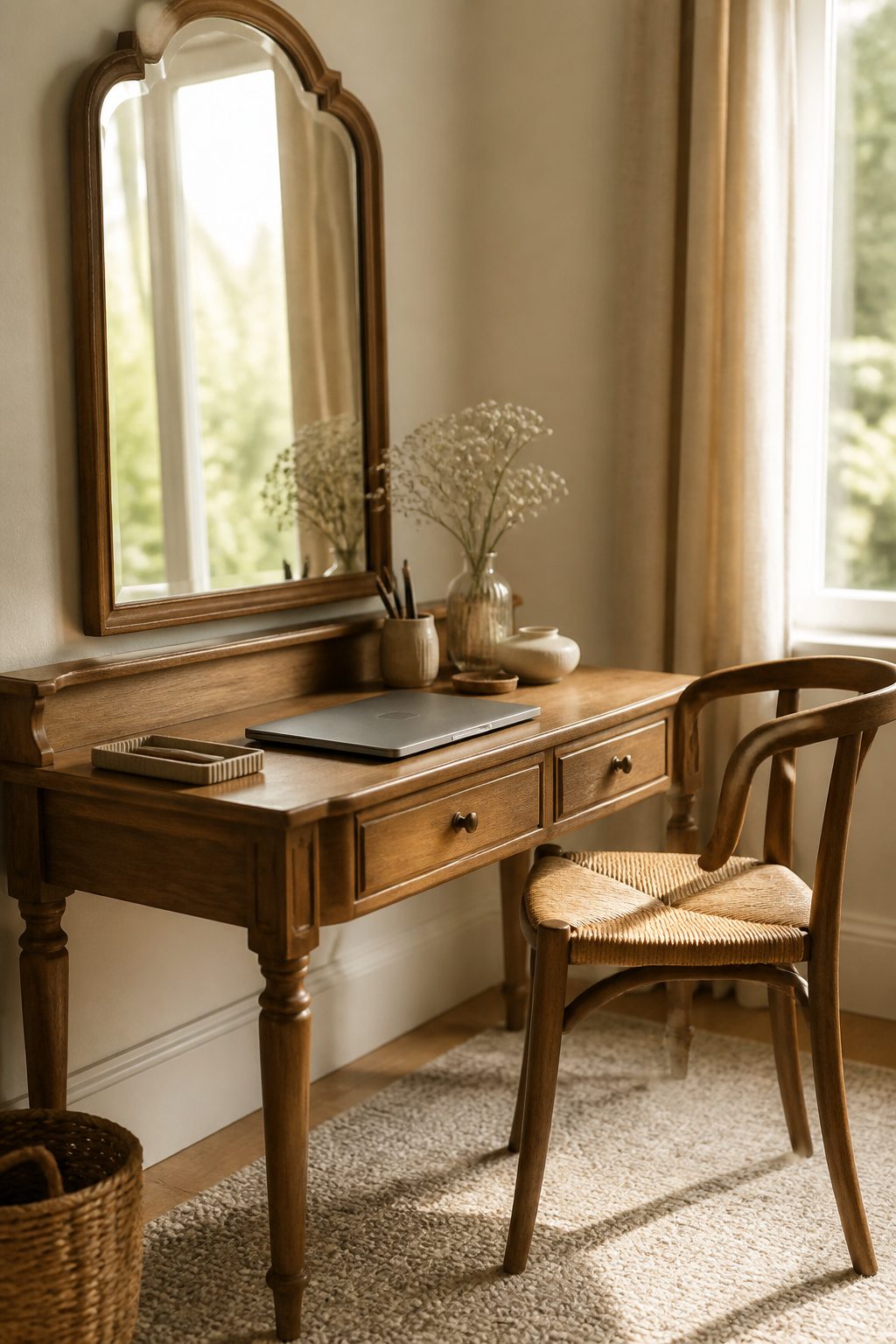 20 Small Home Office Inspiration Ideas That Fit Any Space 17 A dressing table with a laptop and a mirror.