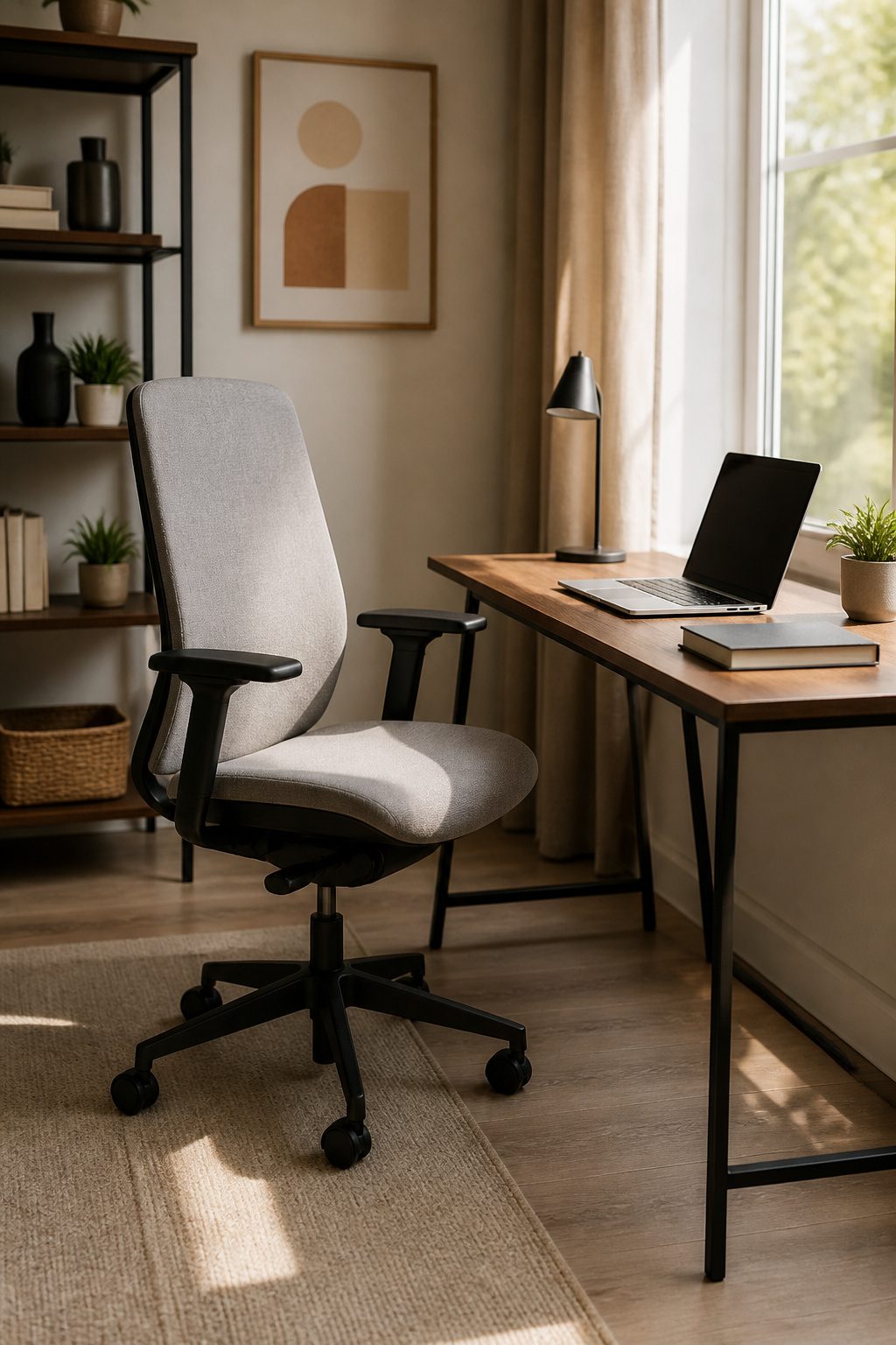 20 Small Home Office Inspiration Ideas That Fit Any Space 18 A modern ergonomic chair in a small office workspace.