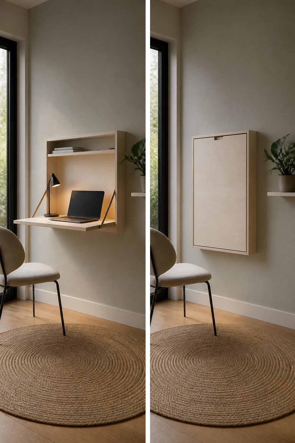 20 Small Home Office Inspiration Ideas That Fit Any Space 12 A wall-mounted fold-away desk with a laptop and lamp.