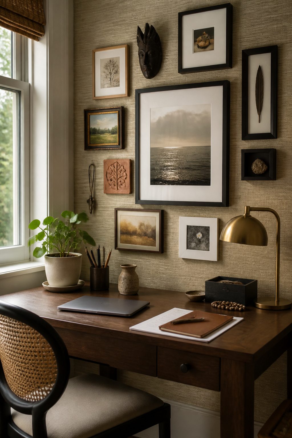 20 Small Home Office Inspiration Ideas That Fit Any Space 10 An eclectic gallery wall with framed artwork and personal items.
