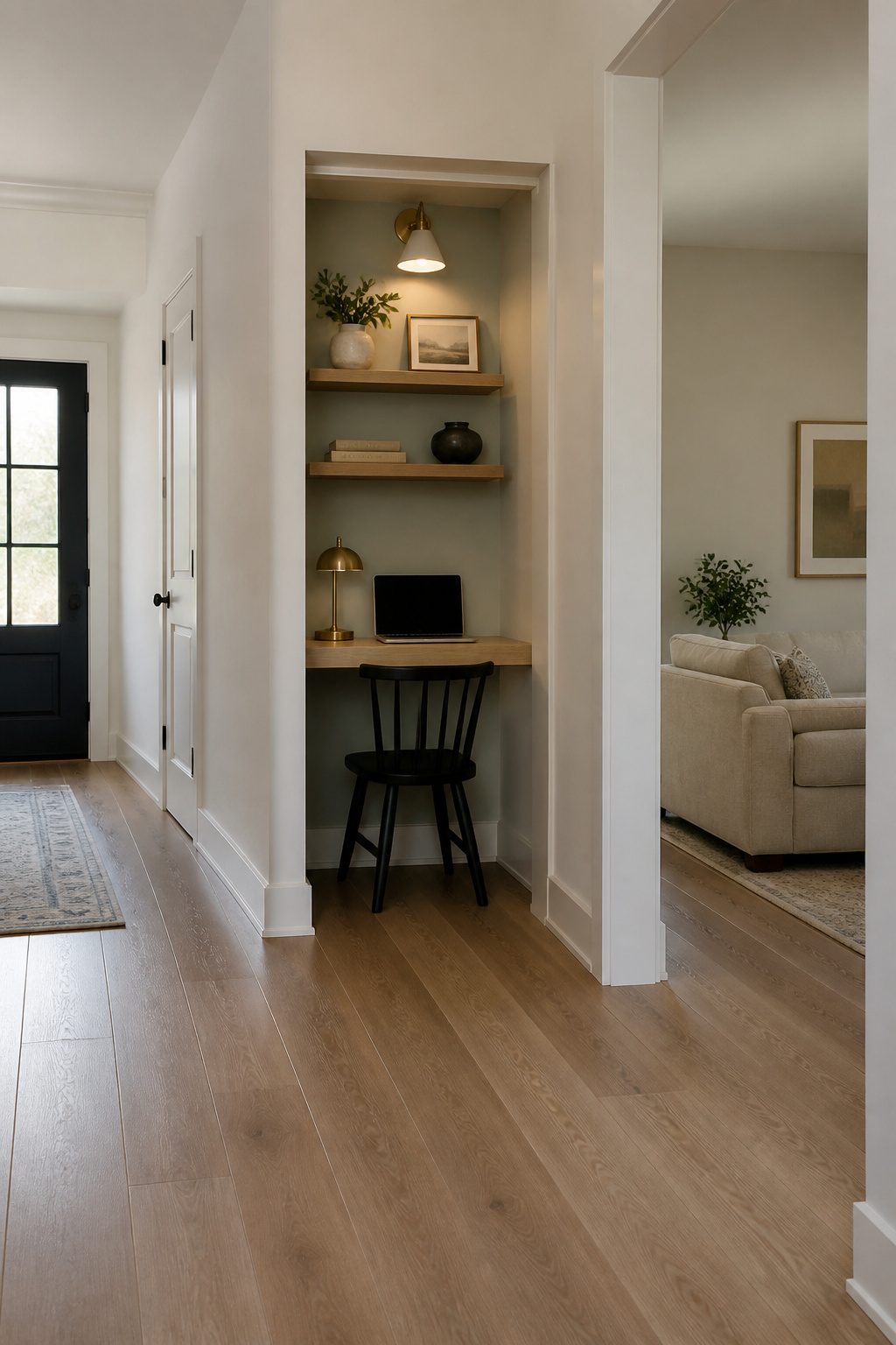 20 Small Home Office Inspiration Ideas That Fit Any Space 14 A shallow recess in a hallway with a laptop on a desk.