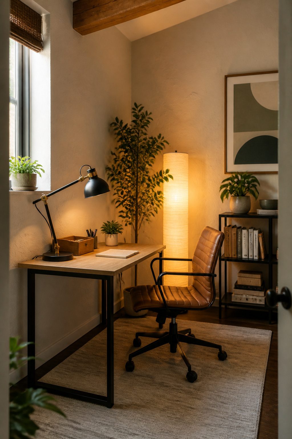 20 Small Home Office Inspiration Ideas That Fit Any Space 5 A swing-arm desk lamp and a floor lamp illuminate the workspace.