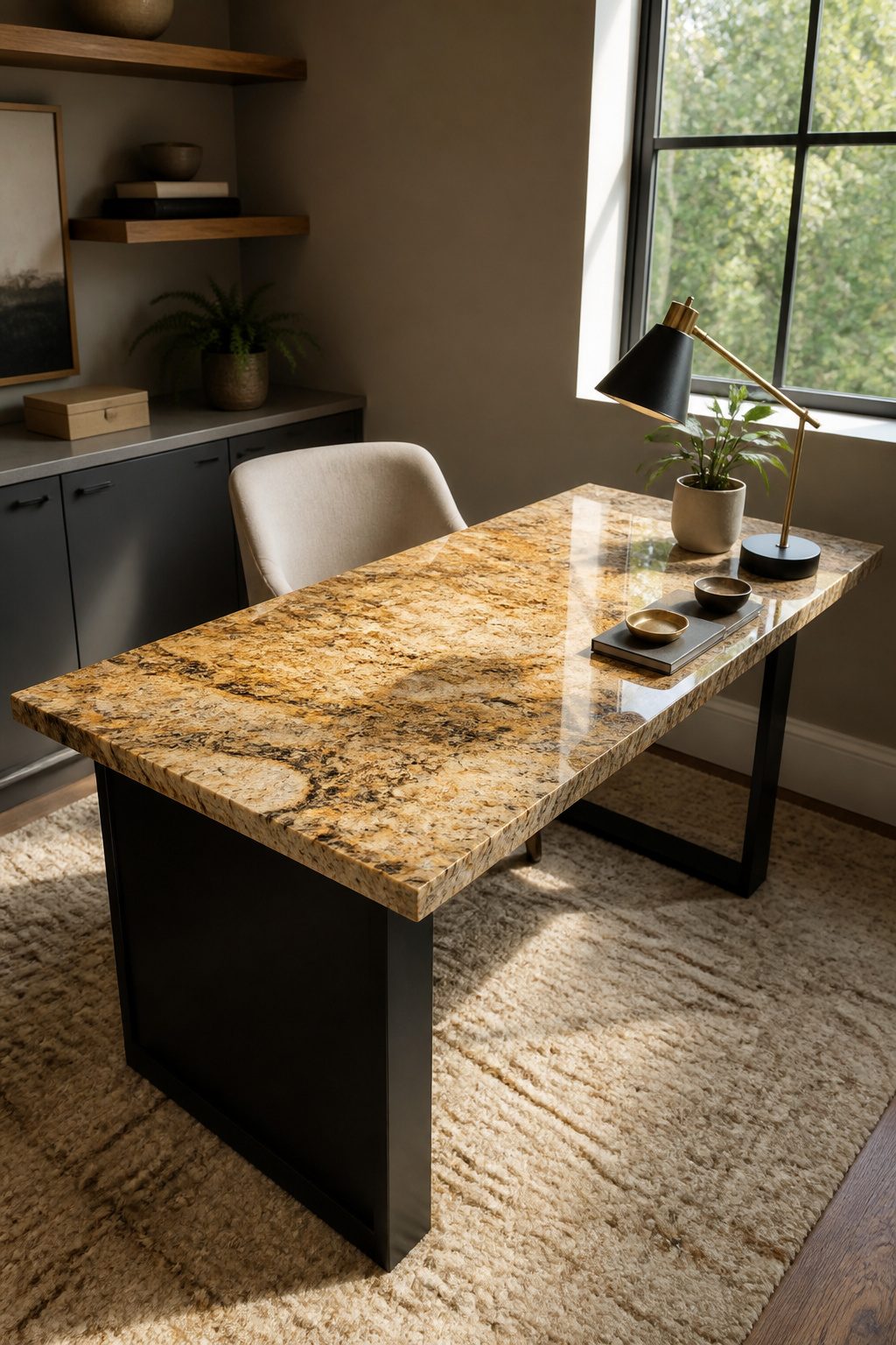 20 Small Home Office Inspiration Ideas That Fit Any Space 11 A desk featuring a striking granite countertop.