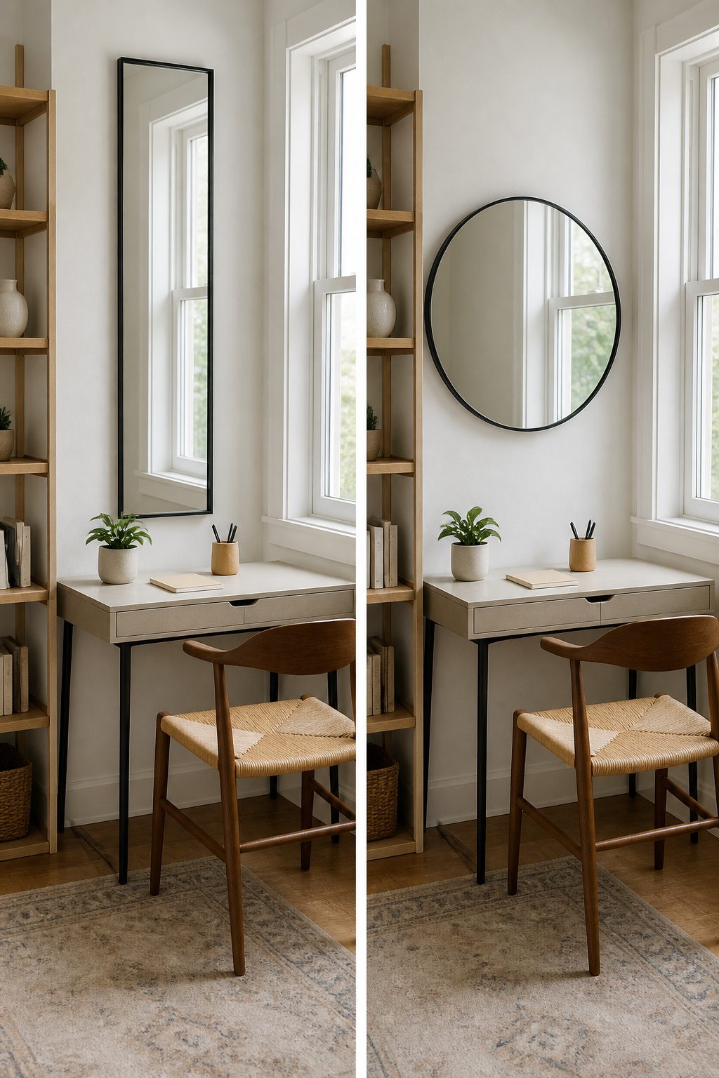 20 Small Home Office Inspiration Ideas That Fit Any Space 6 A tall mirror mounted on the wall next to a window.
