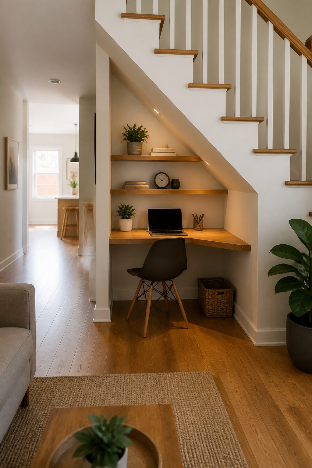 20 Small Home Office Inspiration Ideas That Fit Any Space 9 A triangular desk with floating shelves above it.