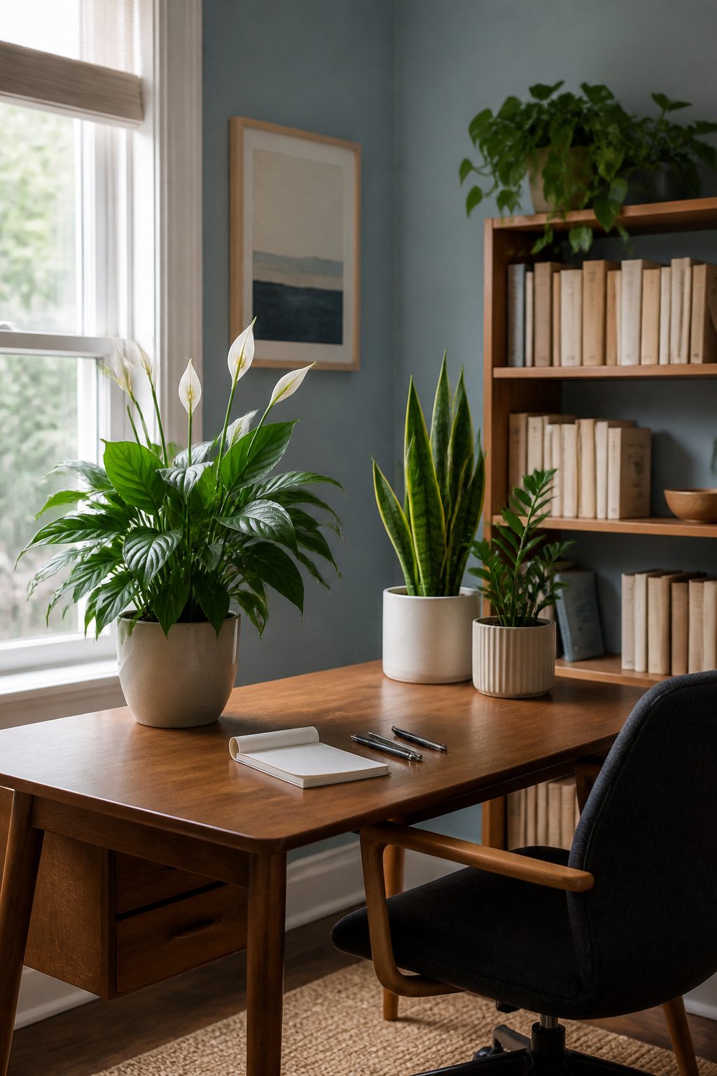 20 Small Home Office Inspiration Ideas That Fit Any Space 23 A peace lily and snake plant on a wooden desk.