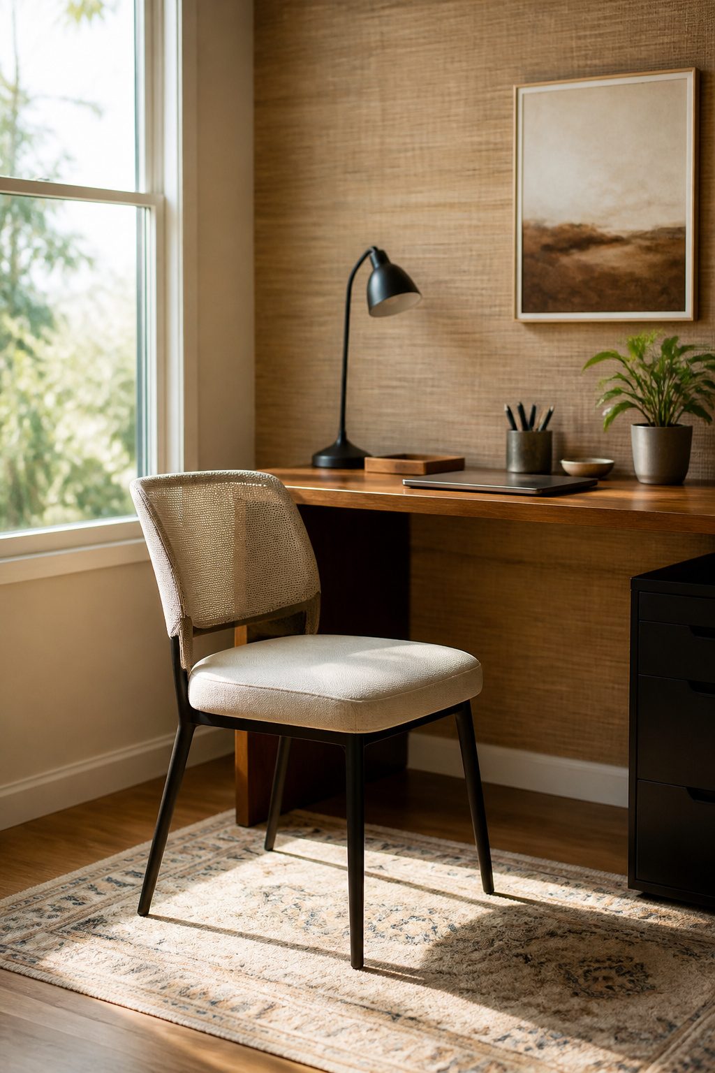 20 Small Home Office Inspiration Ideas That Fit Any Space 8 A sleek ergonomic chair against a textured wall.