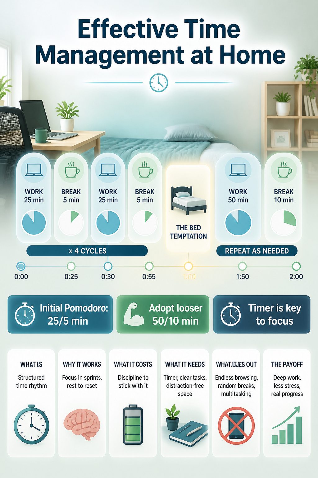 20 Small Home Office Inspiration Ideas That Fit Any Space 24 A clock and laptop on a desk in a bedroom office.