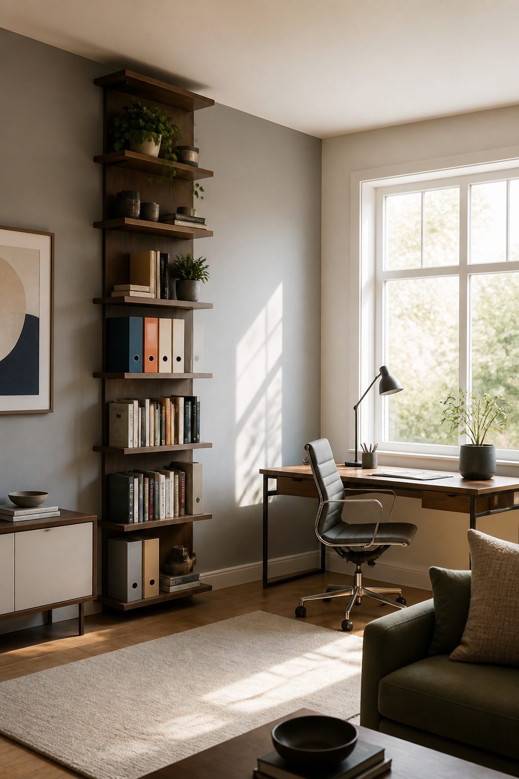 20 Small Home Office Inspiration Ideas That Fit Any Space 2 A vertical shelving unit mounted above a narrow console desk.