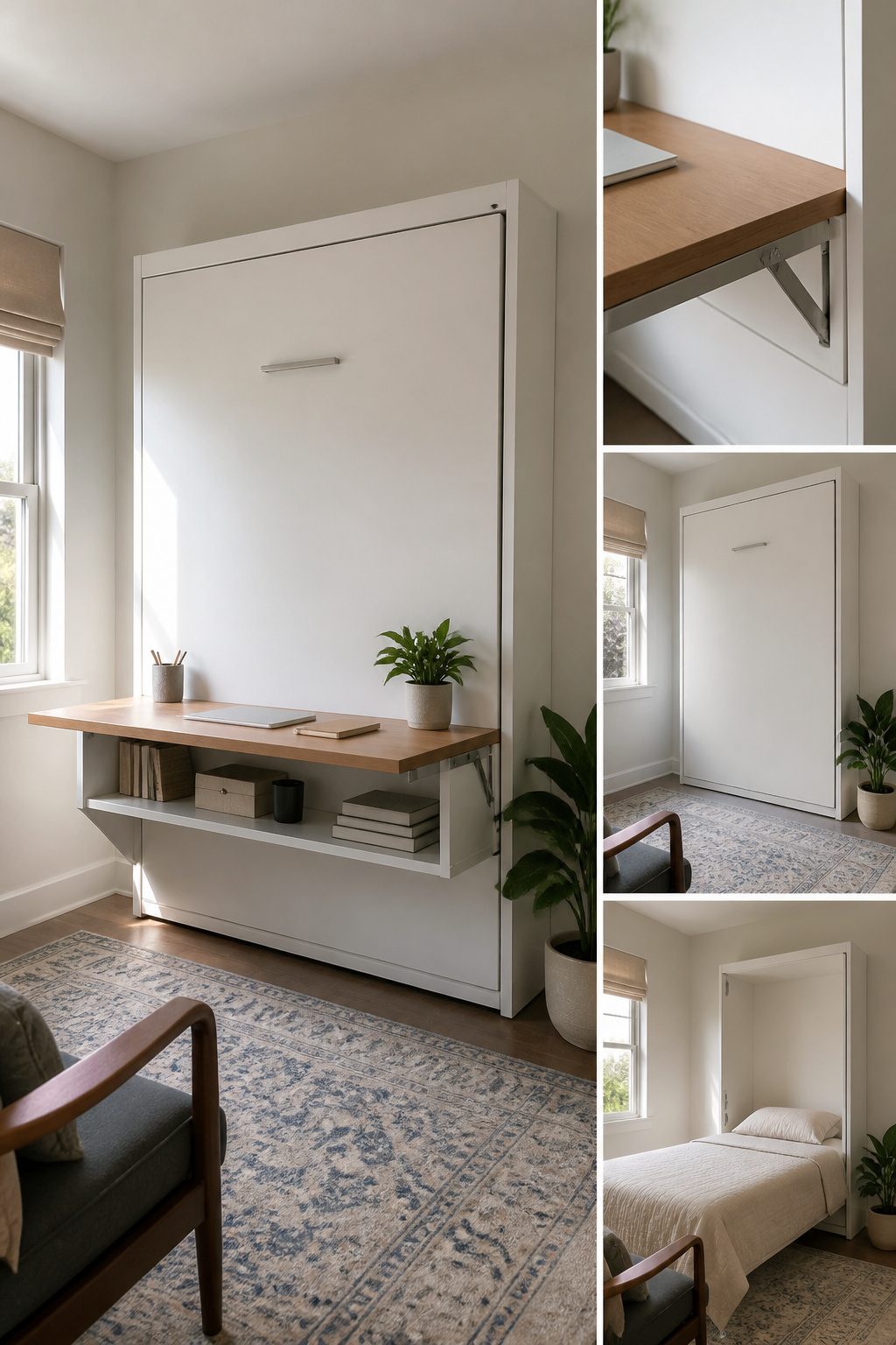 20 Small Home Office Inspiration Ideas That Fit Any Space 1 A queen-size wall bed with a fold-down desk and shelving.