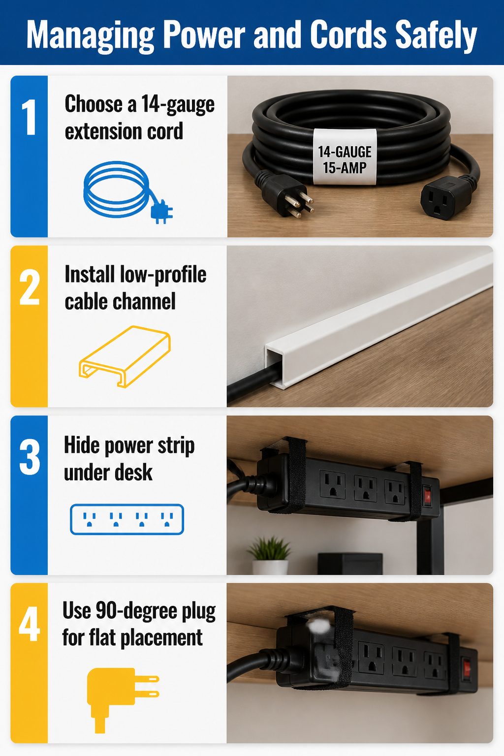 20 Small Home Office Inspiration Ideas That Fit Any Space 22 A power strip and cable management solution under a desk.