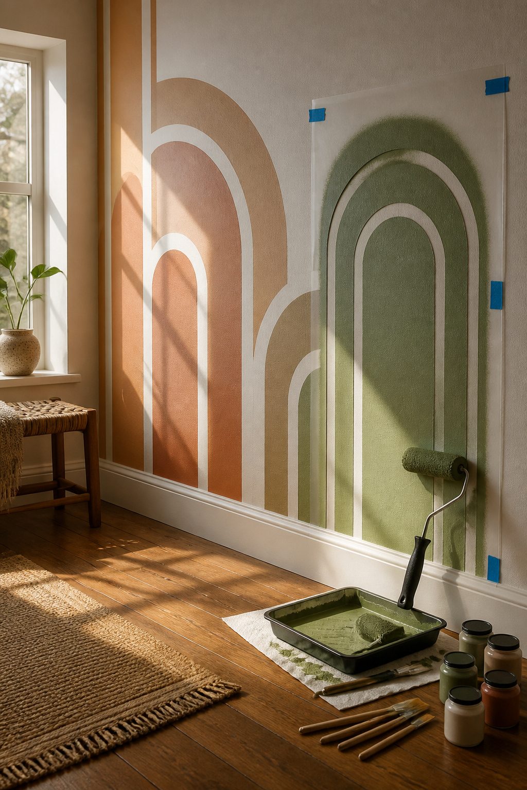 A foam roller painting over a stencil, with a tray and paper towel nearby.