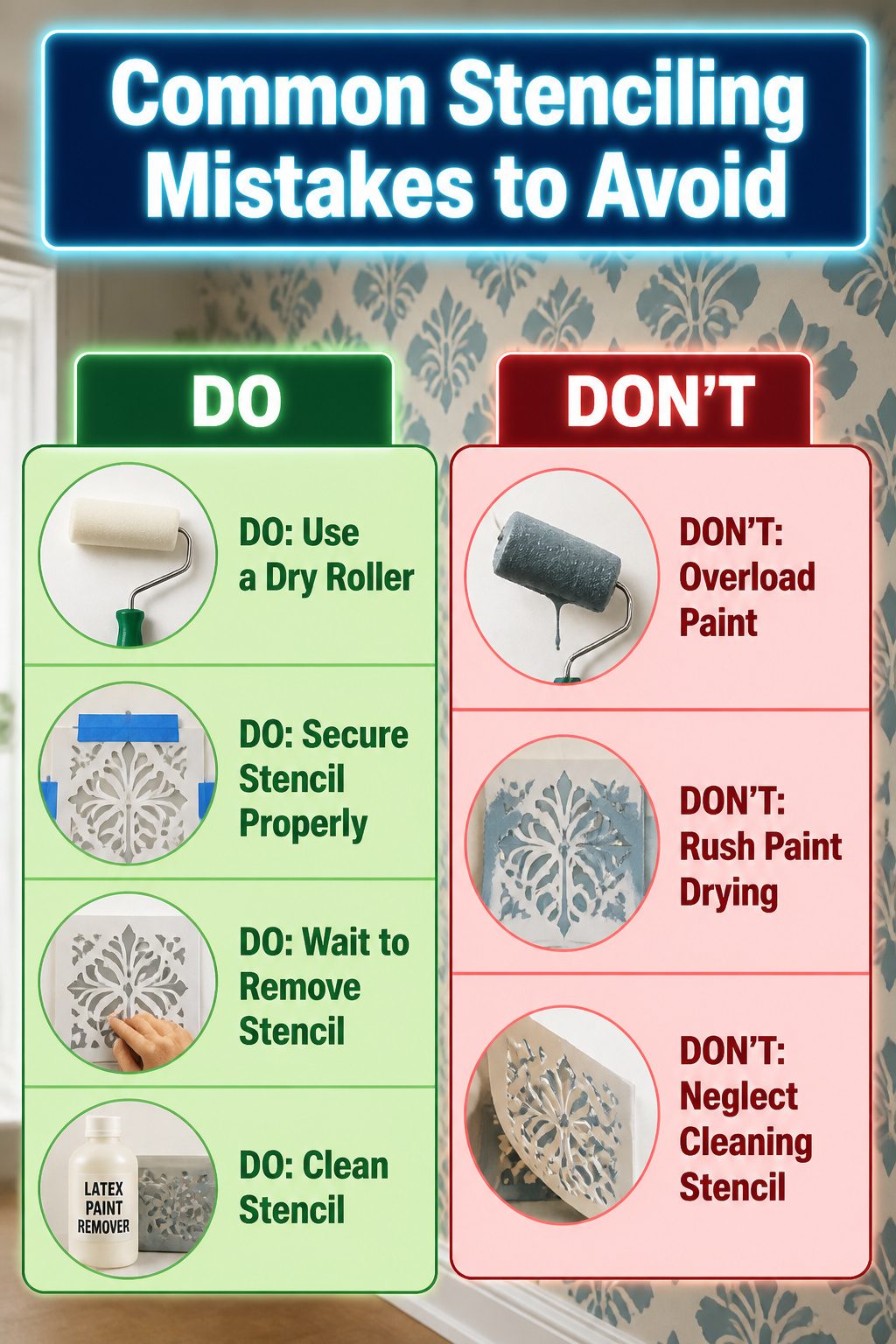 A visual guide highlighting common stenciling mistakes to avoid.