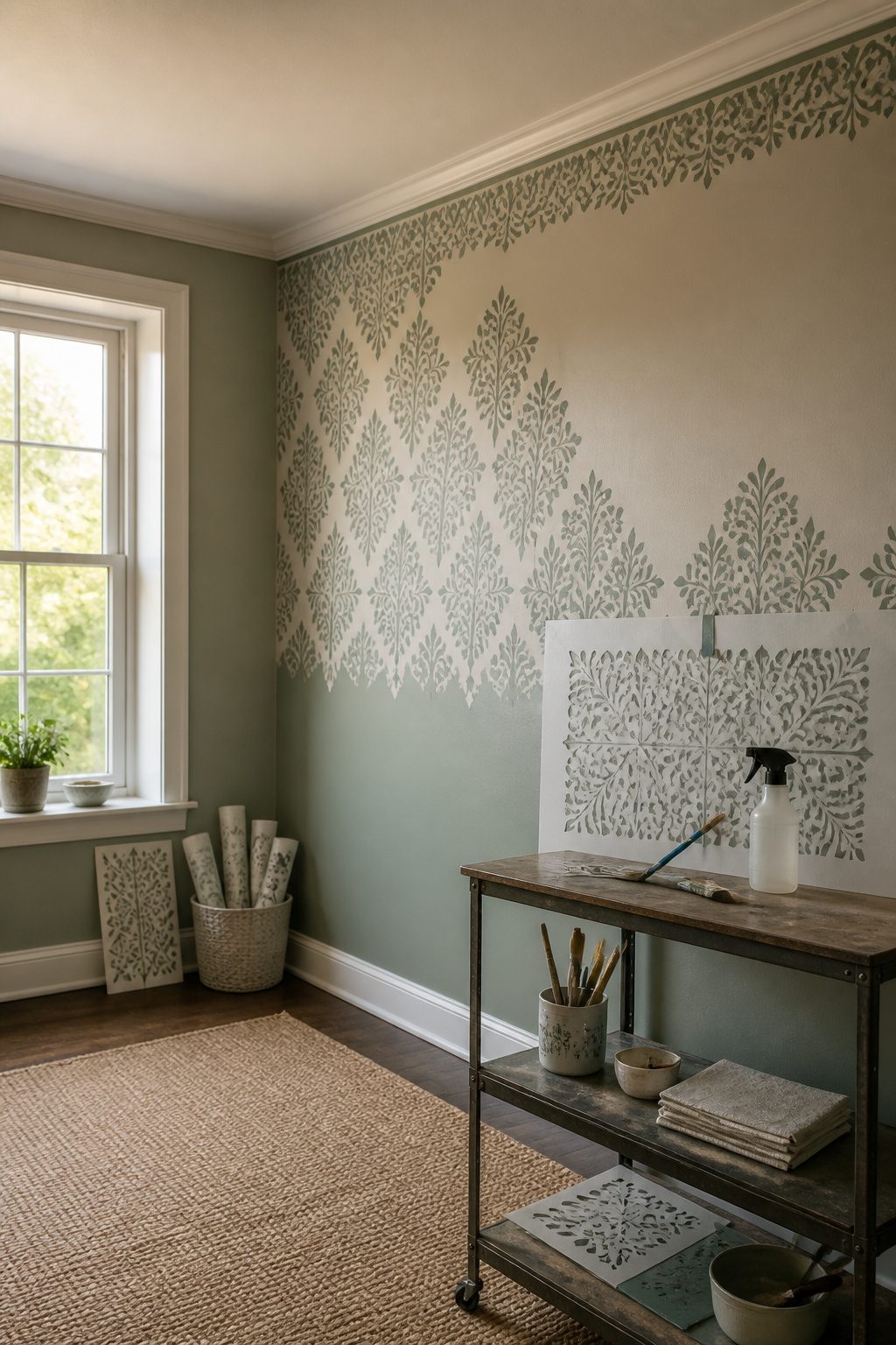 An edge stencil positioned in a corner, with a brush for final detailing.