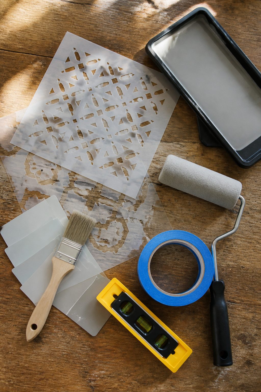 Mylar stencils, a foam roller, and painter's tape arranged for stenciling.