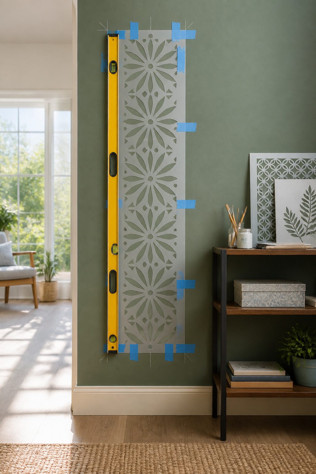 A level positioned against a wall with a taped stencil for accurate placement.